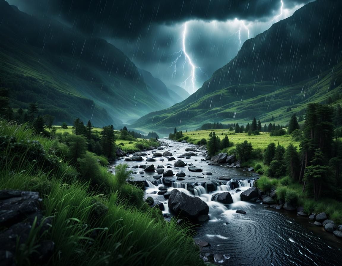 Raindrops on Mountain Stream with Lightning
