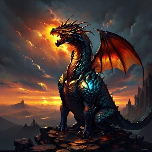 Majestic Dragon on Ancient Ruin in Encaustic Style