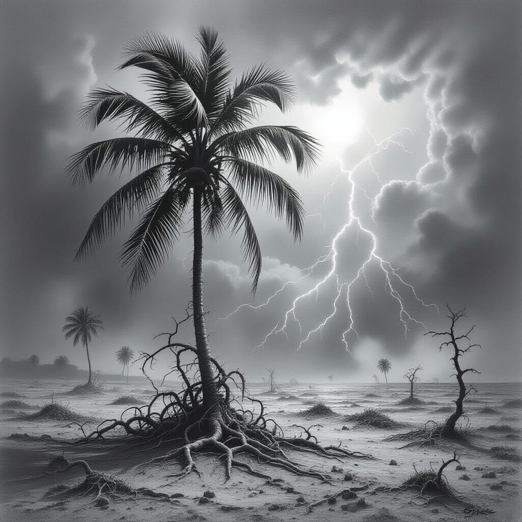 Charcoal Drawing: Desolate Palm Tree in Cataclysmic Storm