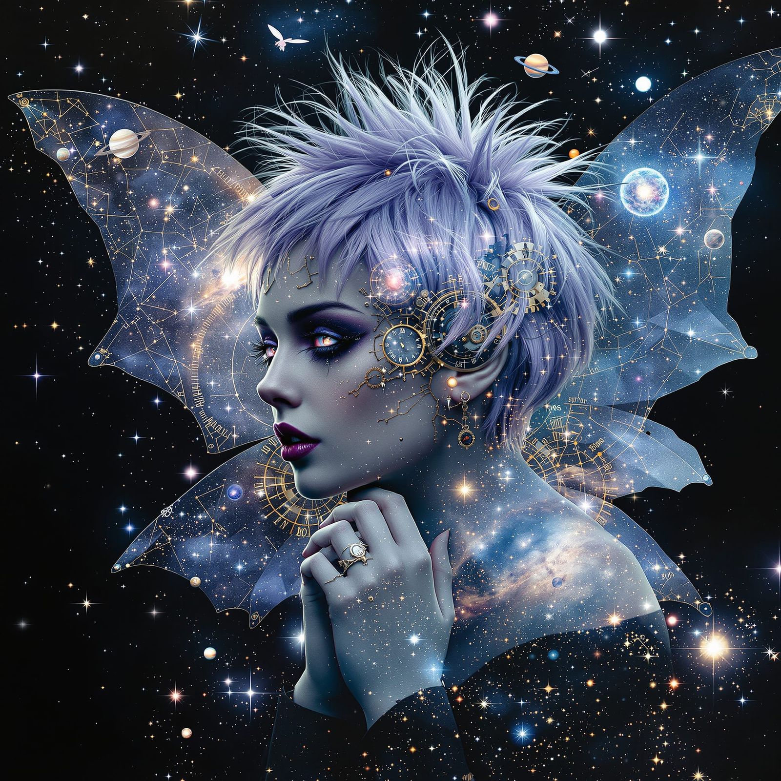 Gothic Fairy with Clockwork Wings in Celestial Map