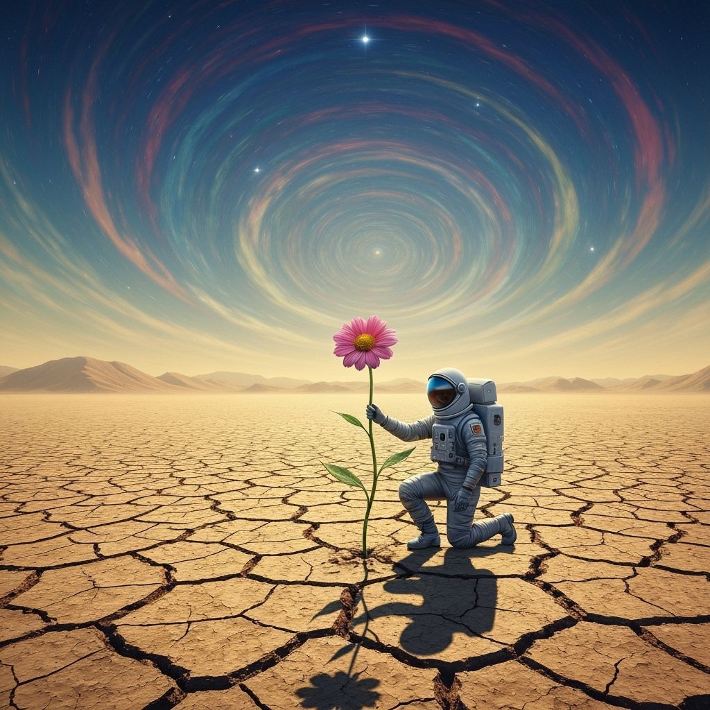 Astronaut and Flower on Alien Planet, Surreal Digital Art