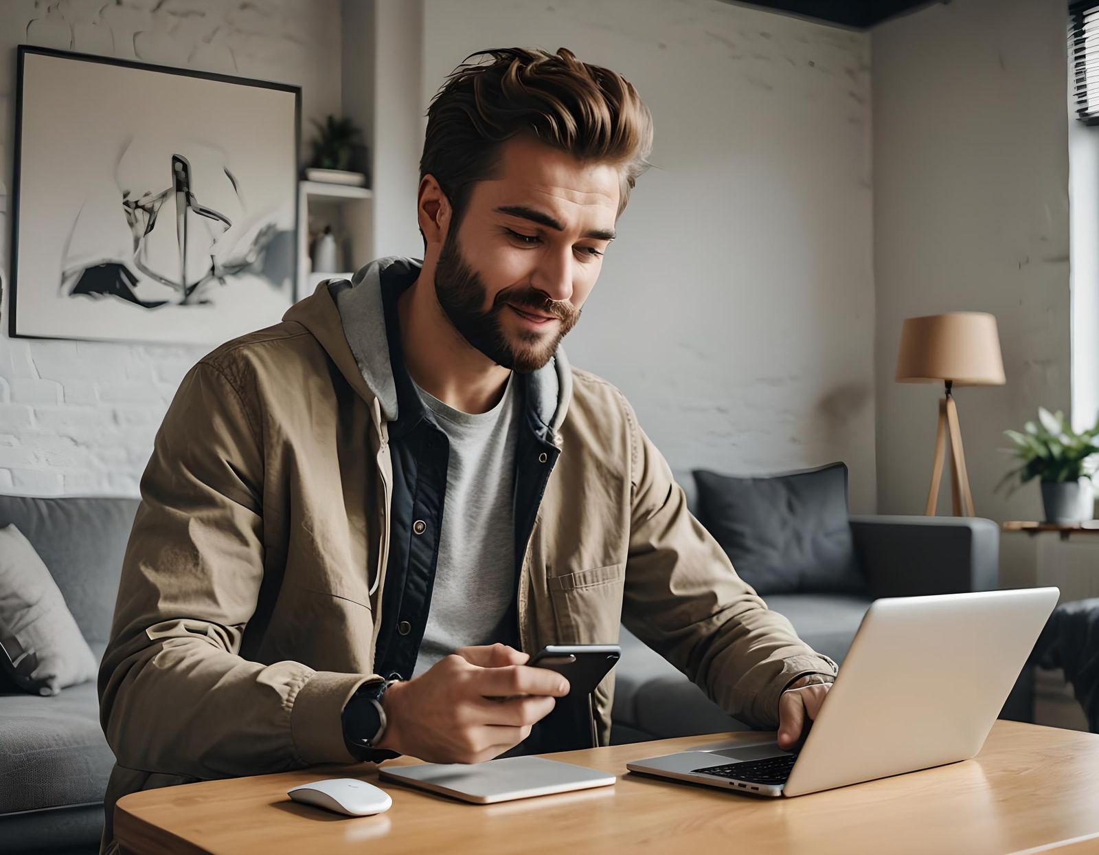 Man Surfing Web on Smartphone at Apartment