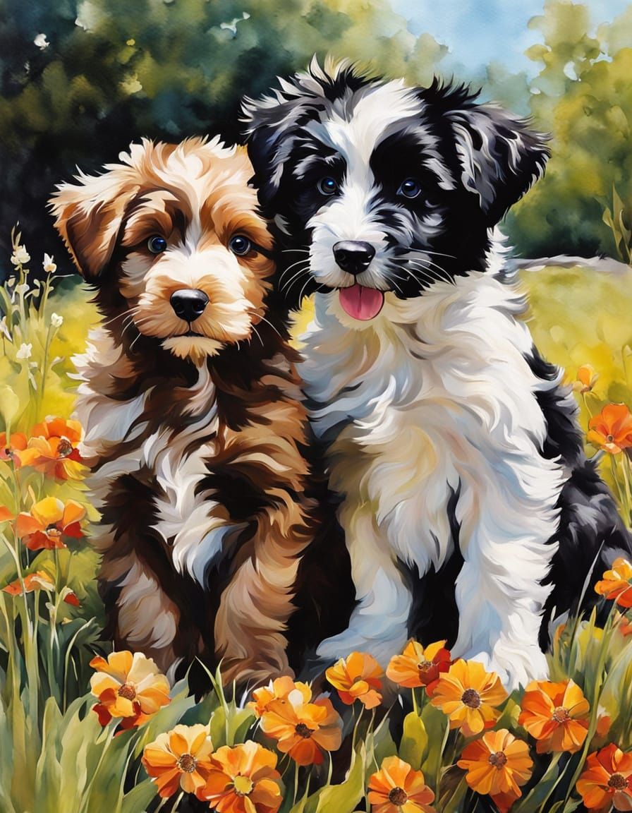 Vibrant Alcohol Ink Landscape with Two Aussie Doodle Puppies