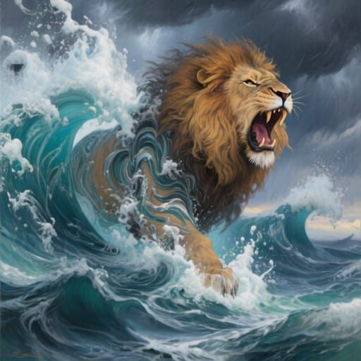 Lion Made of Ocean Waves in Stormy Oil Painting