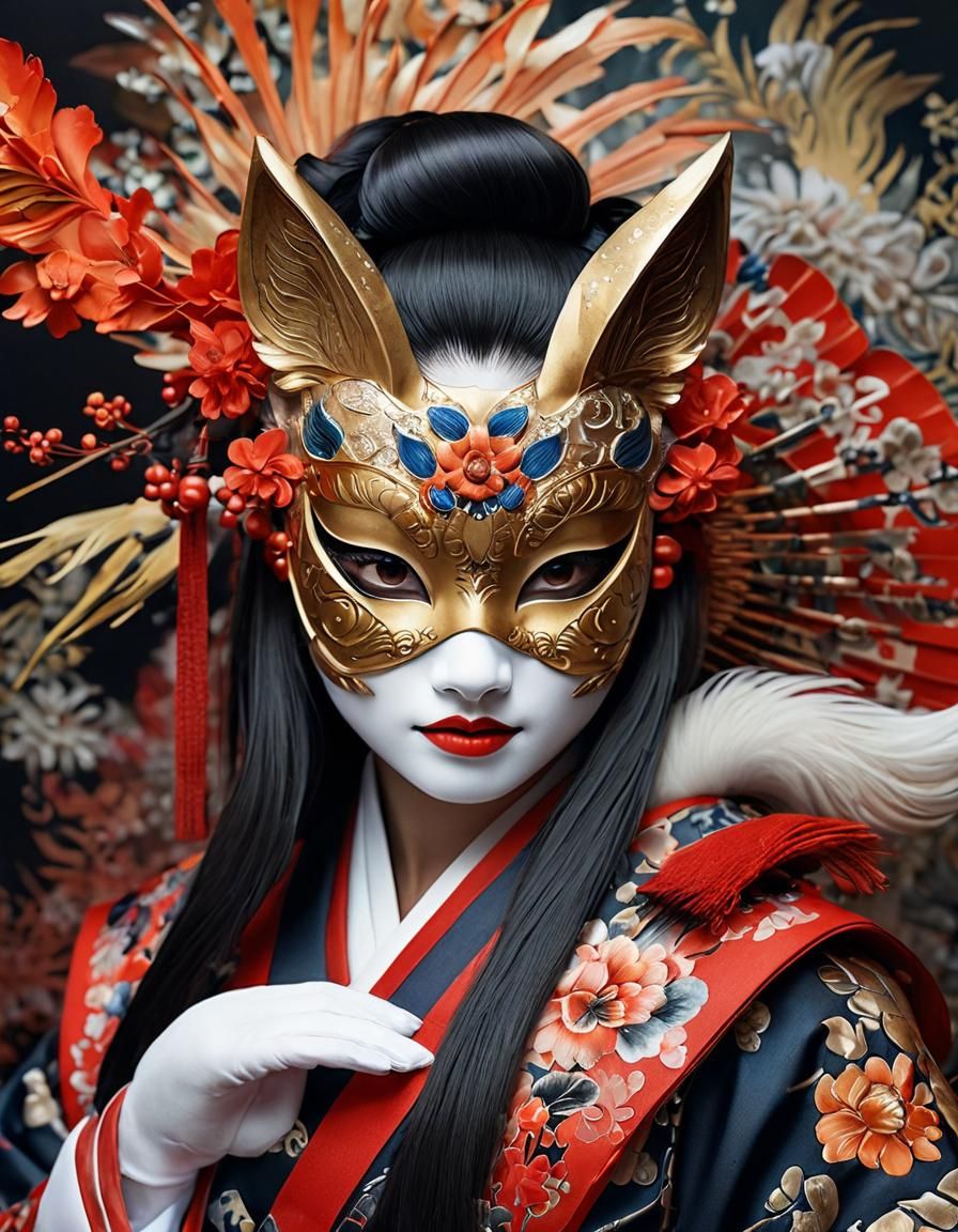 Geisha with Kitsune Mask in Watercolor Style