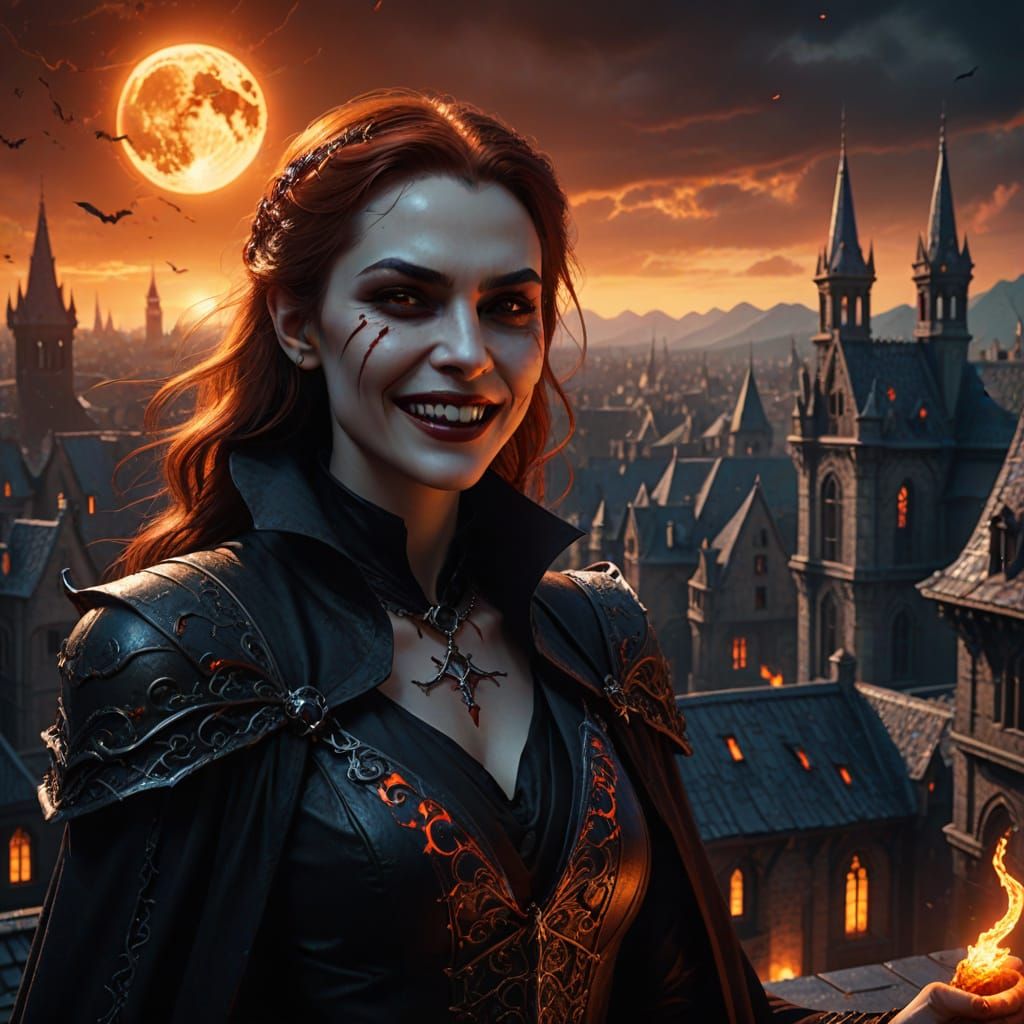 Vampire Lady on Gothic Rooftop in Dramatic Light