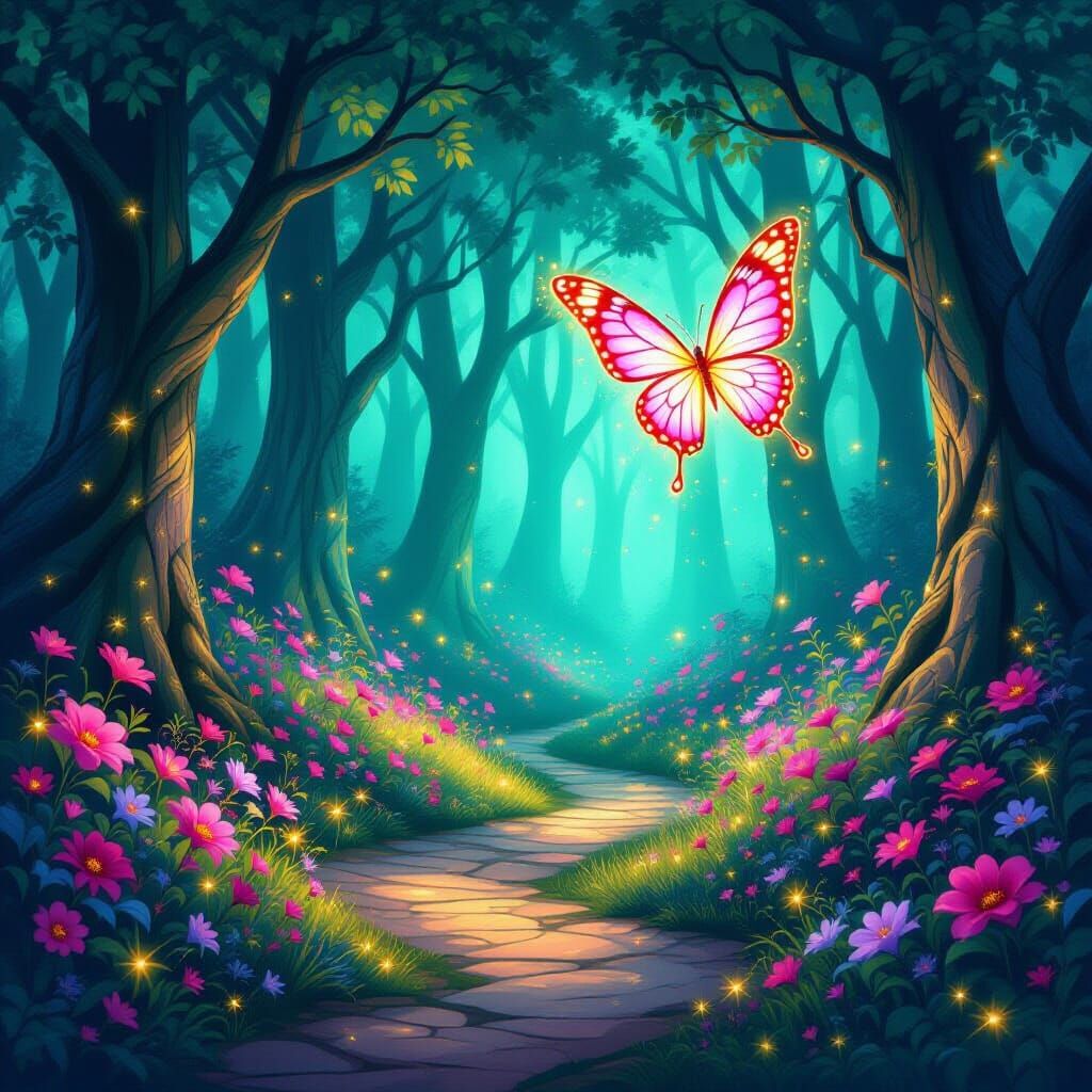 Glowing Magical Forest Path with Ethereal Butterfly