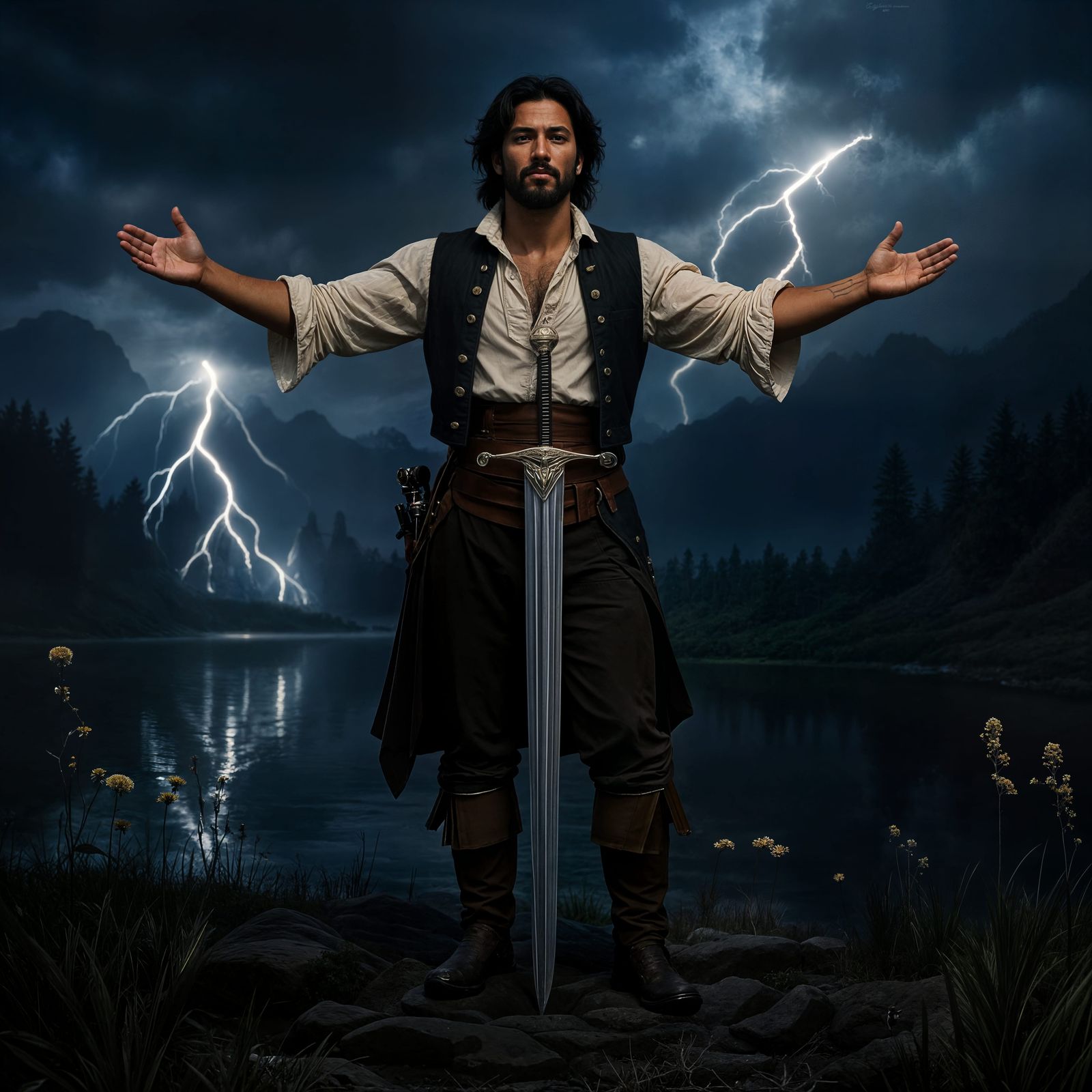 Man Stands on Sword in Serene Nature Landscape