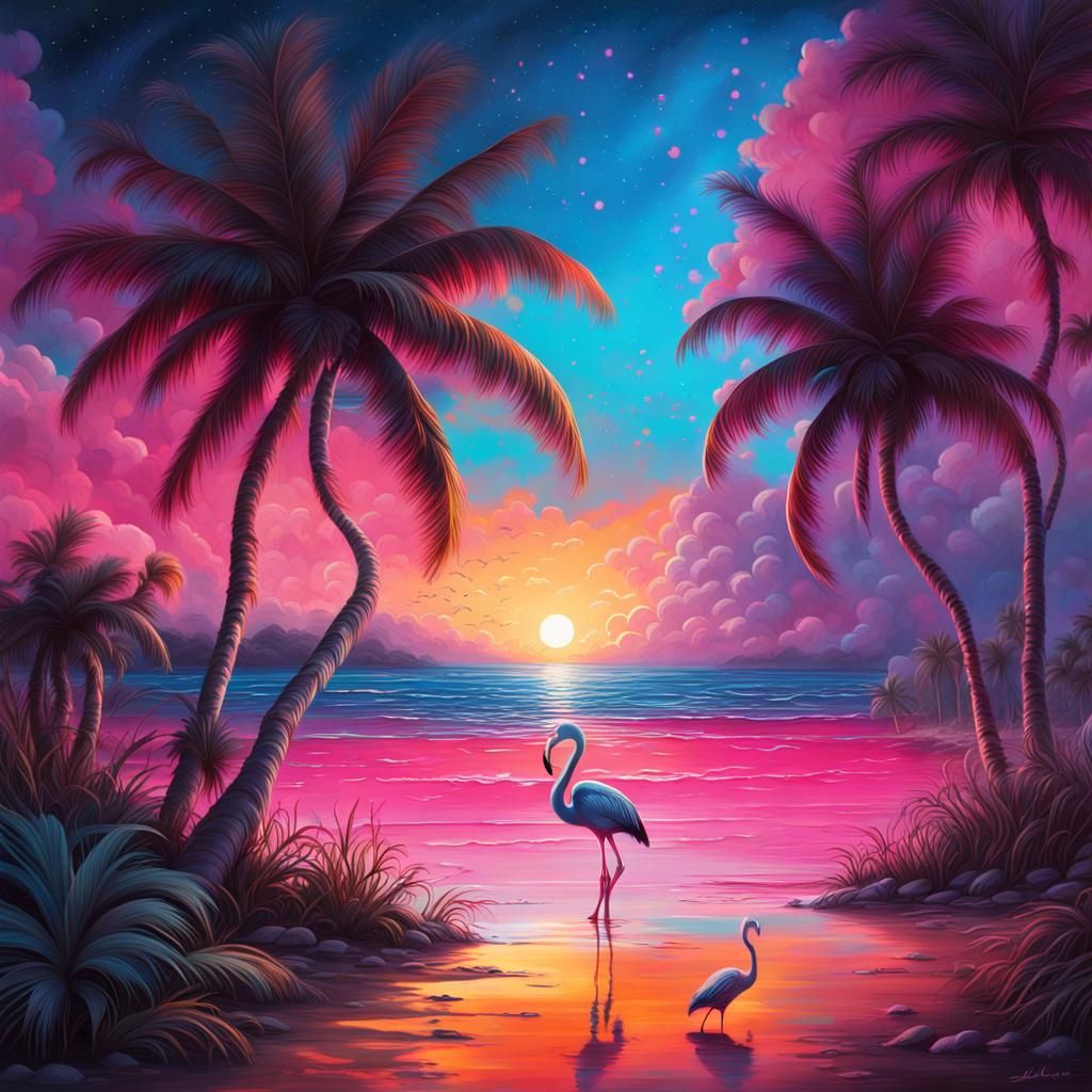 Tropical Beach Sunset Graffiti Art