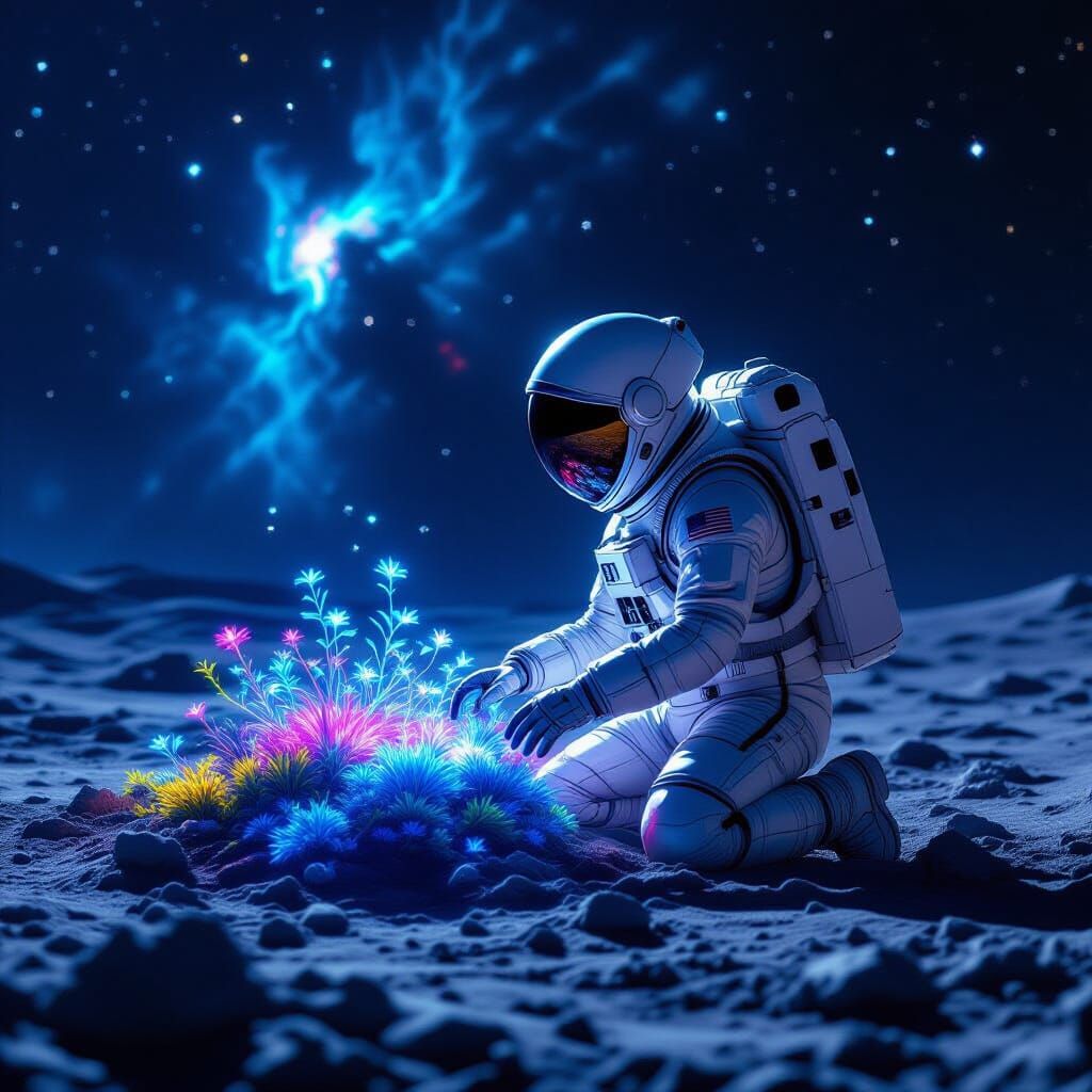 Astronaut Tending Bioluminescent Garden on Moon in Nebula Gl...