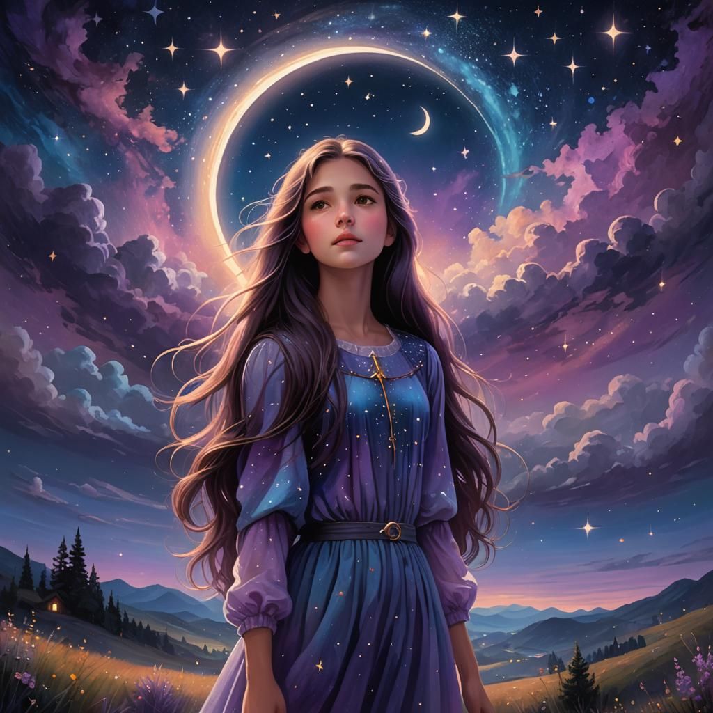 Girl in Starry Night Landscape, Digital Illustration