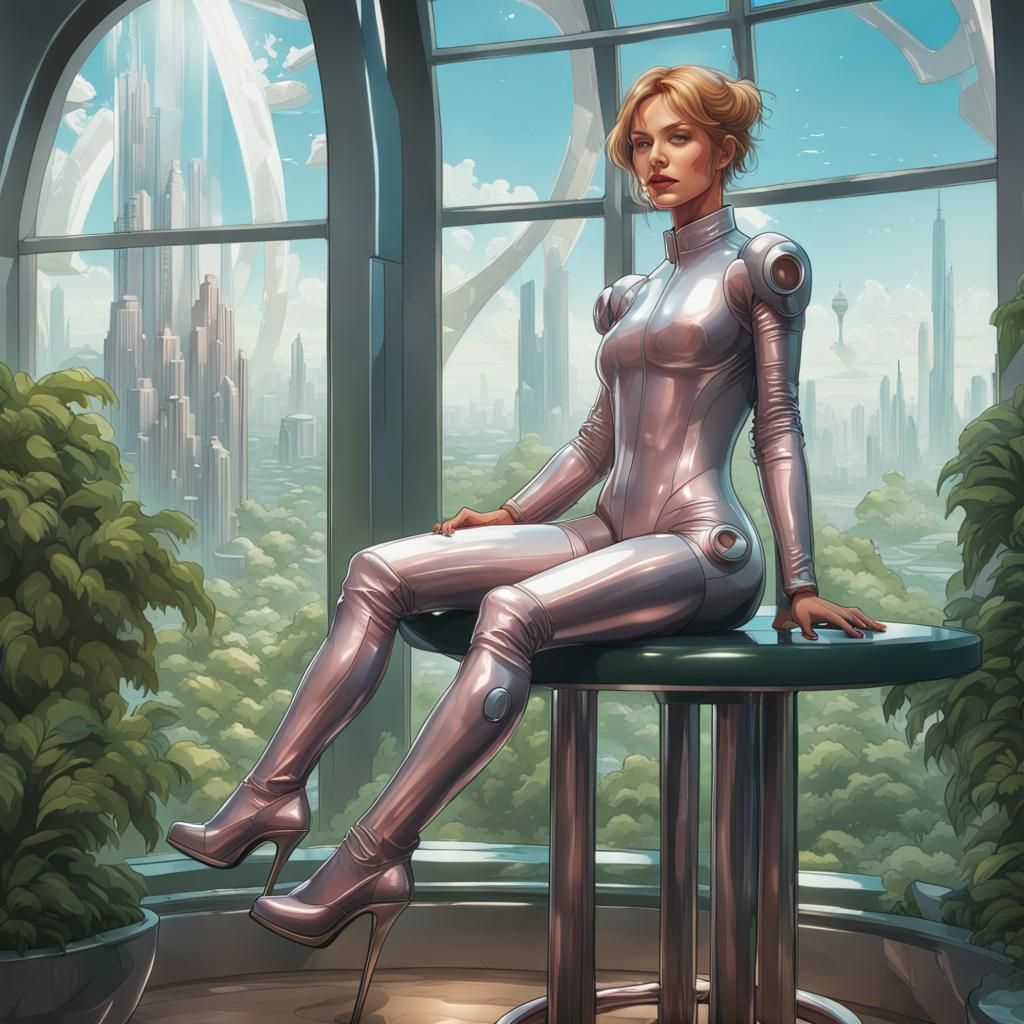 Girl in Latex Suit in Futuristic Cityscape