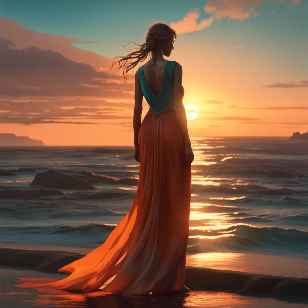 Girl in Dress at Sunset: Art Nouveau Style