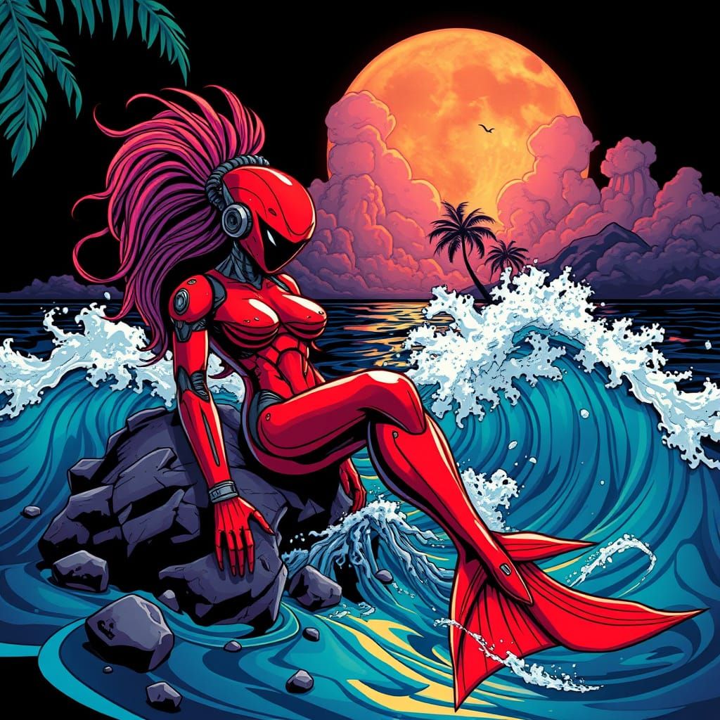 Red Robotic Mermaid on Tropical Beach in Comic Style