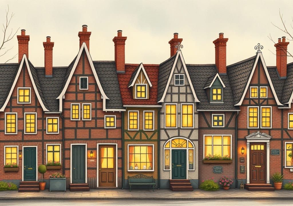 Dutch Houses in Evening Light as Folk Art
