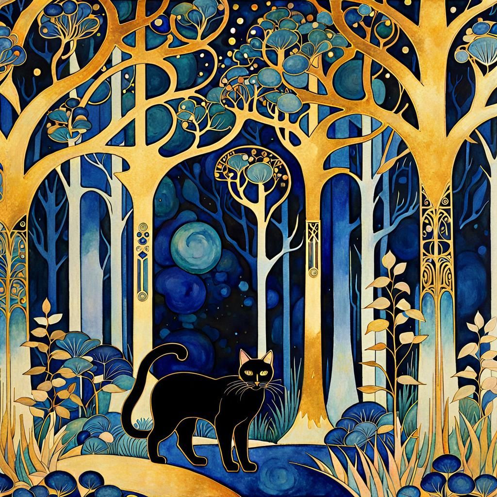 Art Deco Cat in Art Nouveau Forest