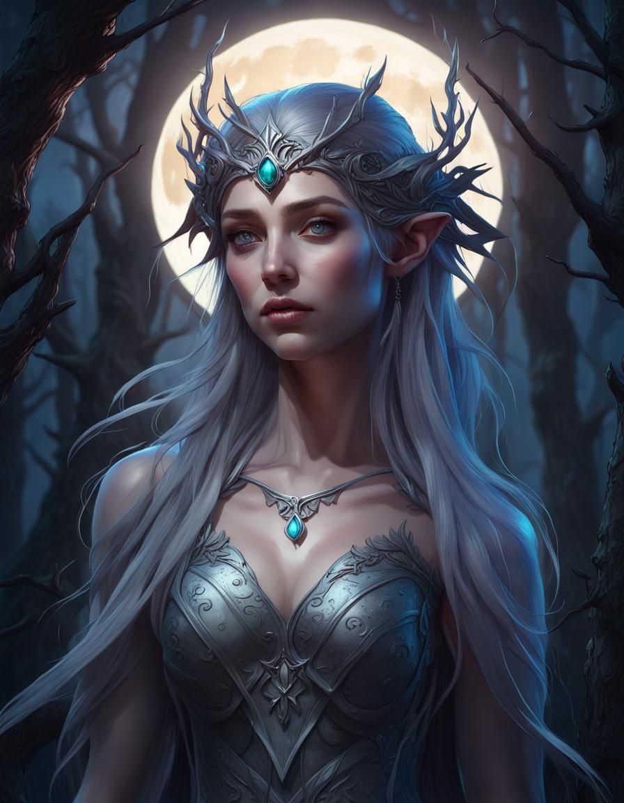 Elven Princess Portrait in Moonlight, Detailed Digital Art