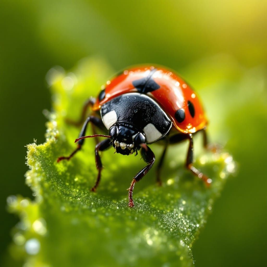 Hyper-Realistic Ladybug in Dewy Leaf Habitat
