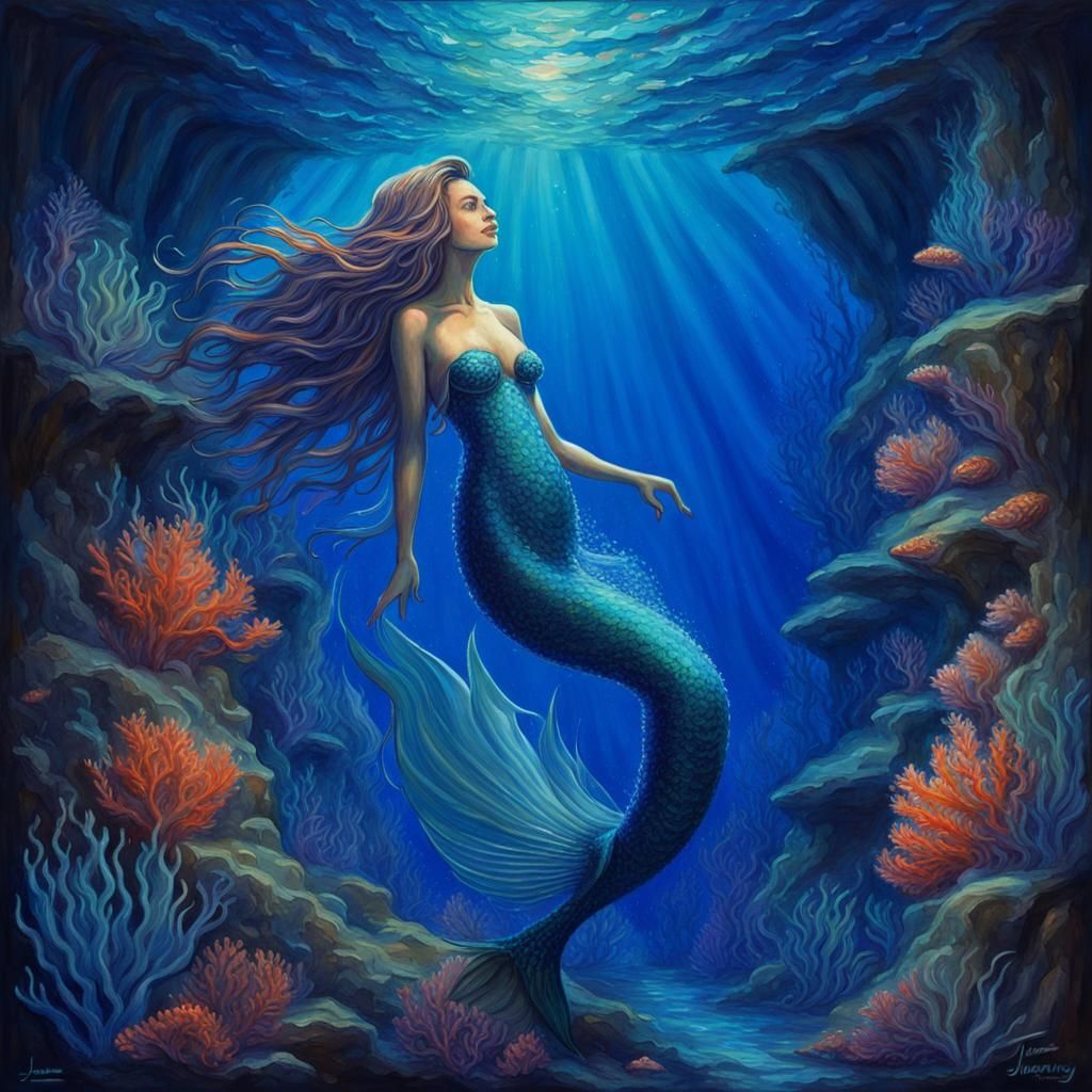 Bioluminescent Deep-Sea Mermaid in Watercolor Style