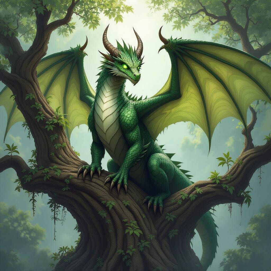 Majestic Dragon with Emerald Eyes Perched on Tree