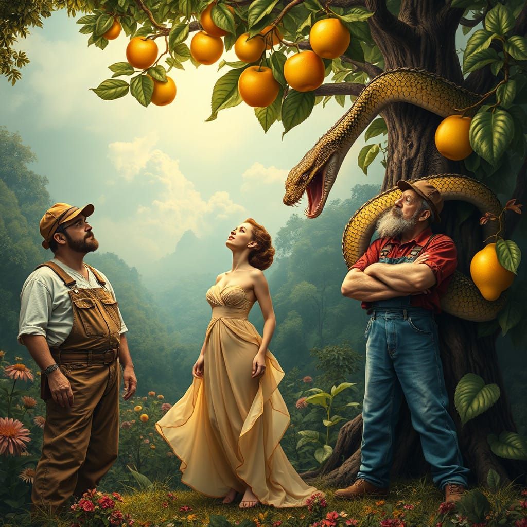 Rugged Plumbers Marvel at Eden's Beauty in a Vibrant Art Nou...