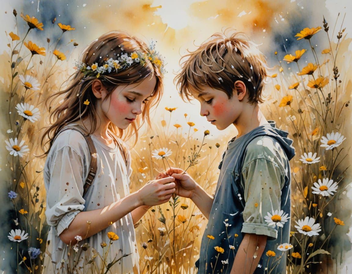 Whimsical Watercolour Scene of Shy Boy Offering Wildflowers