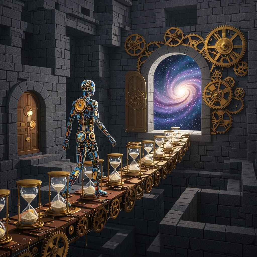 Surreal Clockwork Figure Crosses Hourglass Bridge