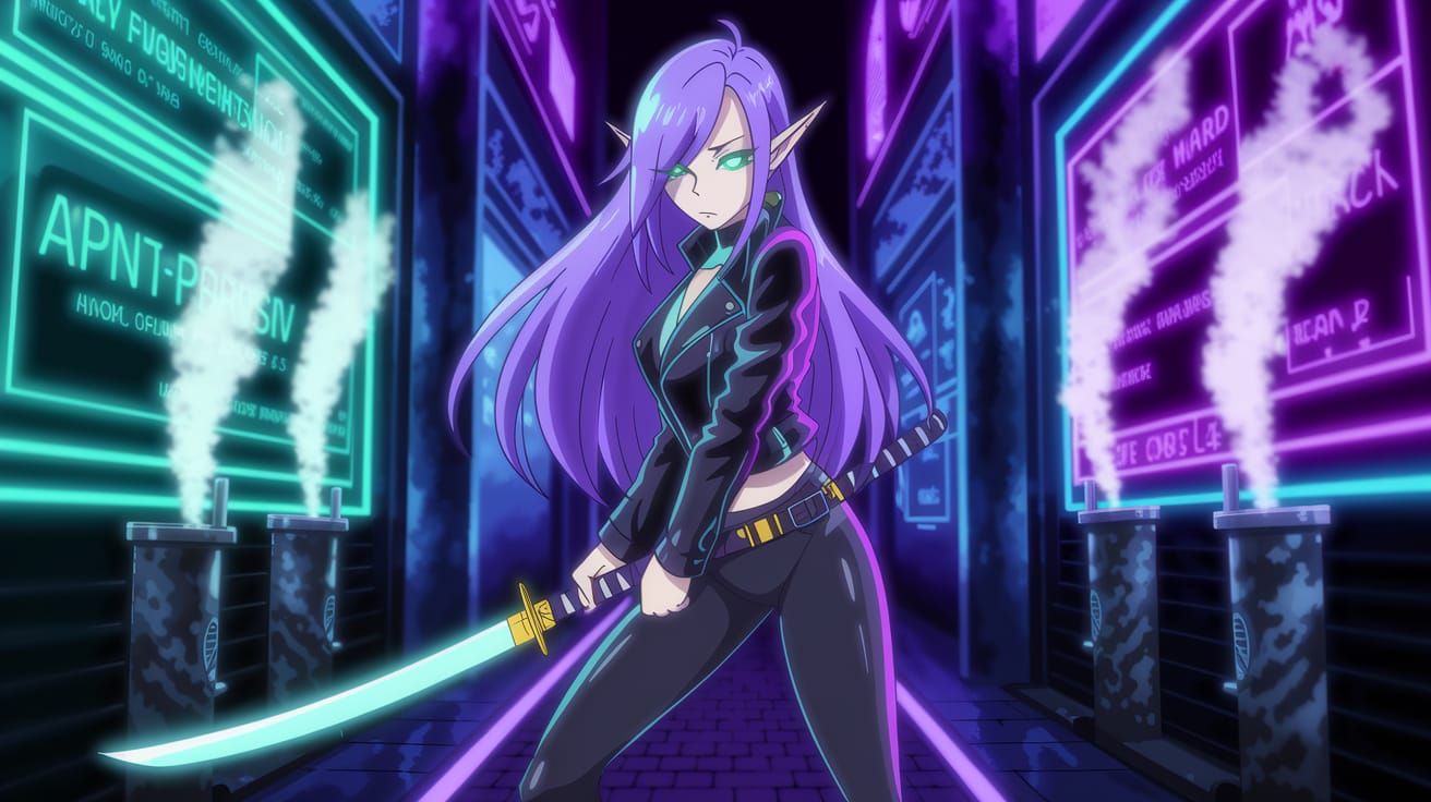 Cyberpunk Elf in Neon-Lit Alleyway, Wielding Glowing Katana