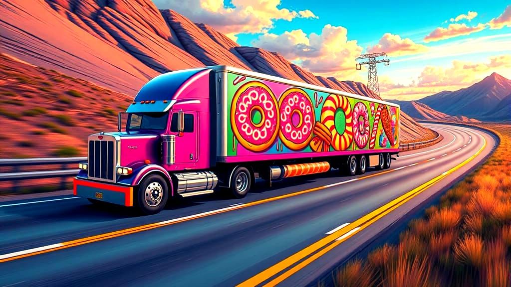 Psychedelic Semi Truck Speeds Down Highway with Whimsical Fo...