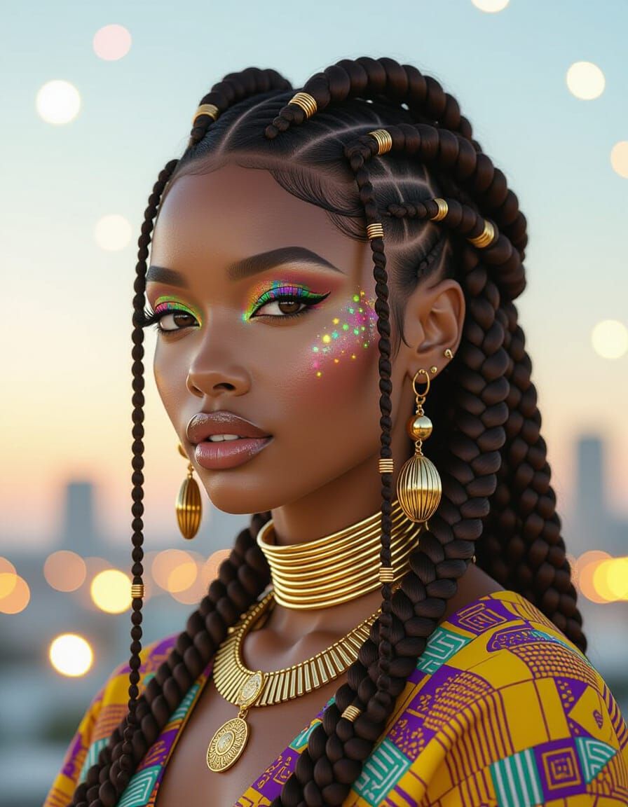 Afrofuturist Portrait of Radiant Black Woman with Gold Adorn...