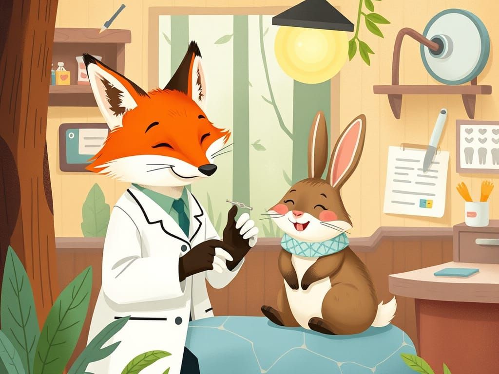 Dentist Fox Cares for Rabbit in Forest Clinic