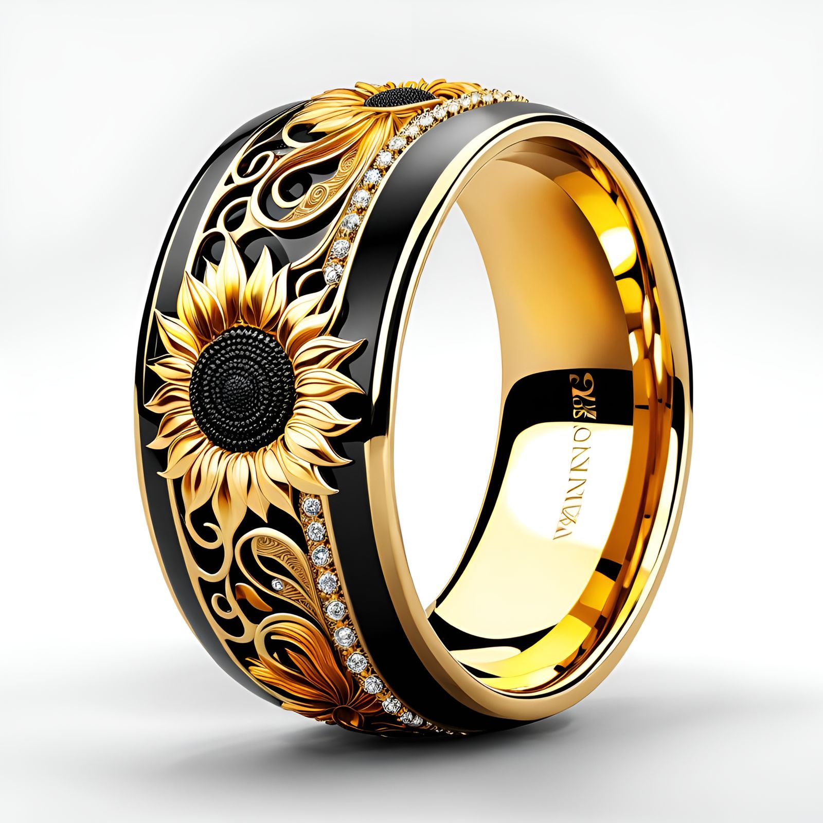 Sunflower Engraved Amber Gold Wedding Band