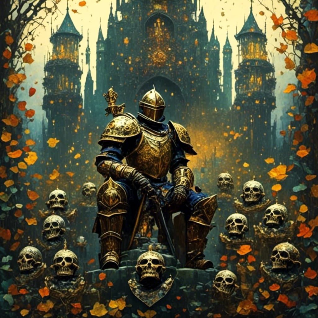 Knight on Skulls with Castle in Origami Style