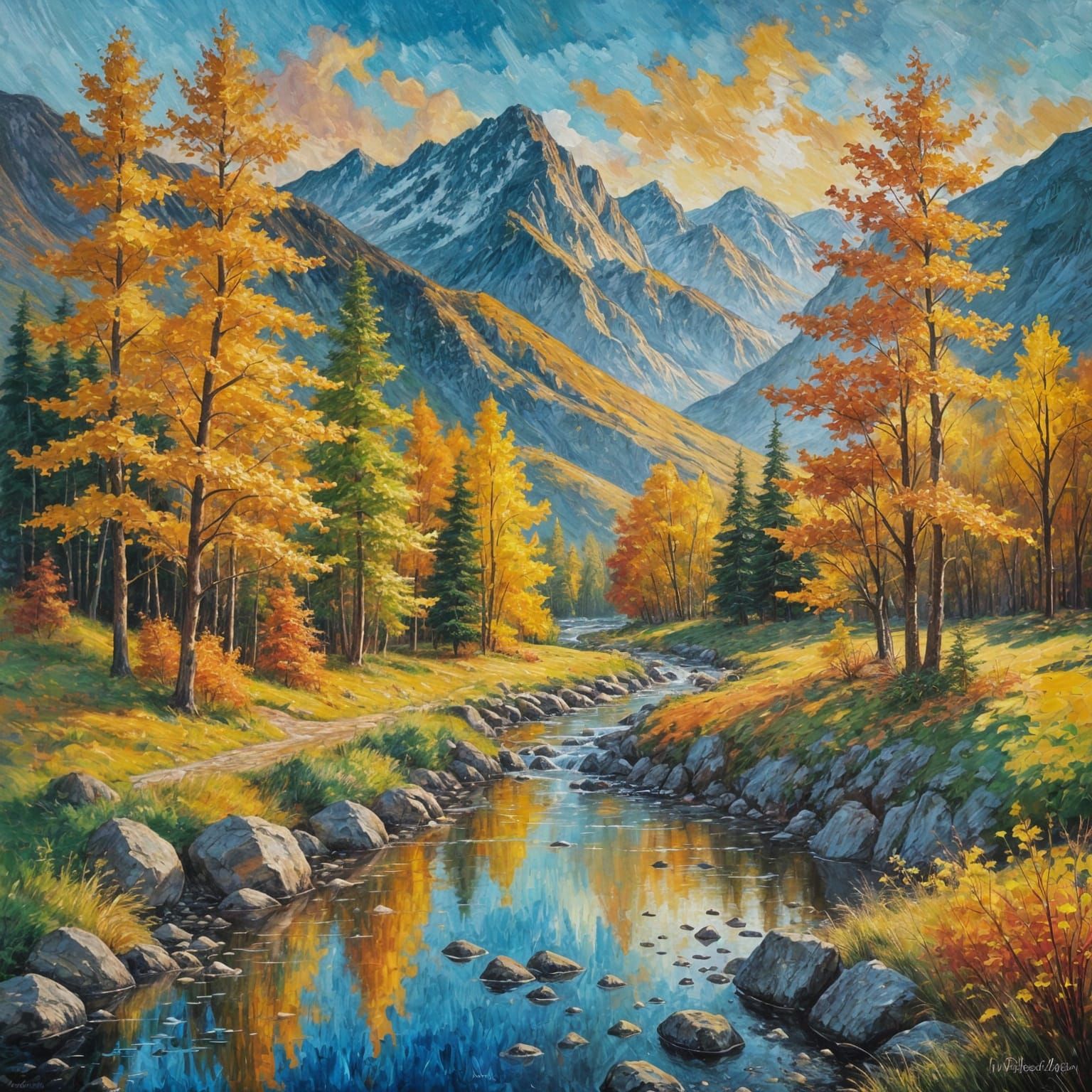 Autumn Mountain Landscape in Impressionistic Oil Painting