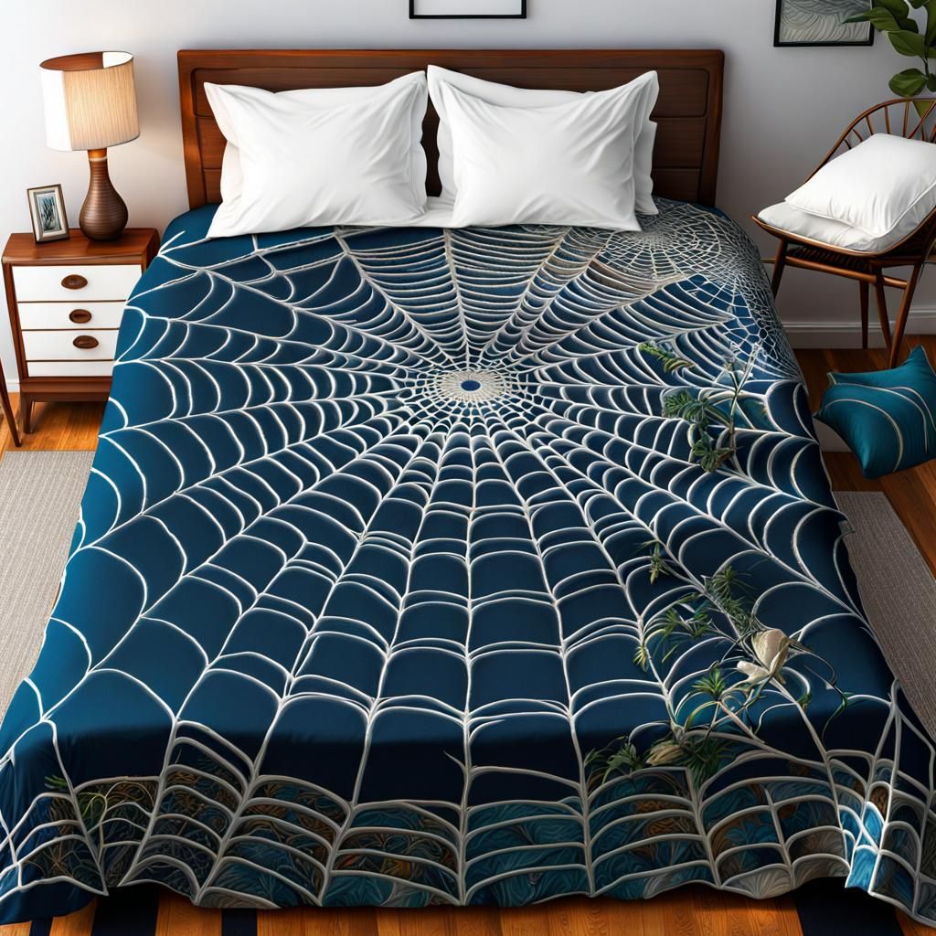 Elegant Spiderweb Bedspread in Silver and Blue Bedroom