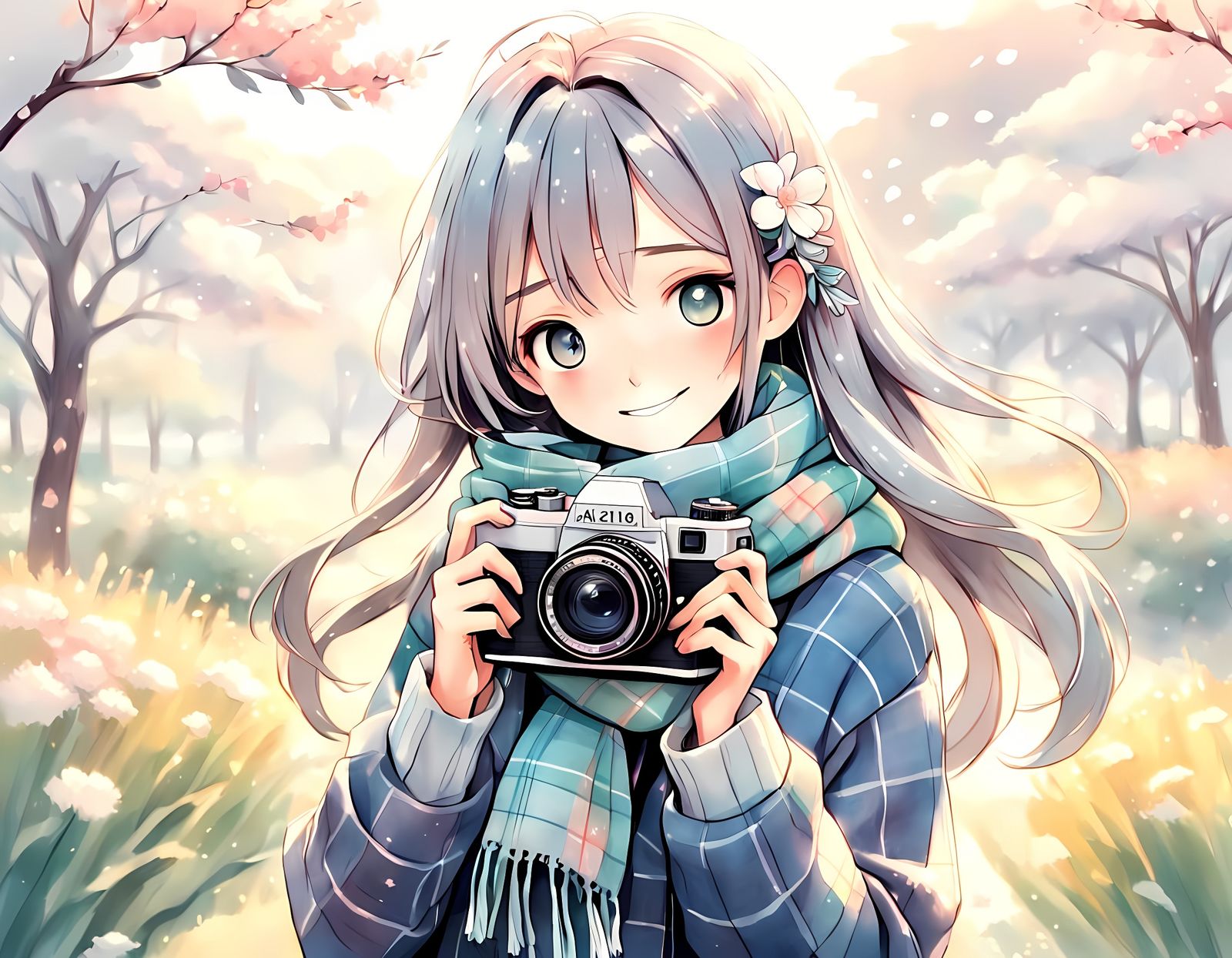Peaceful Anime Girl with Camera, Impressionistic Style
