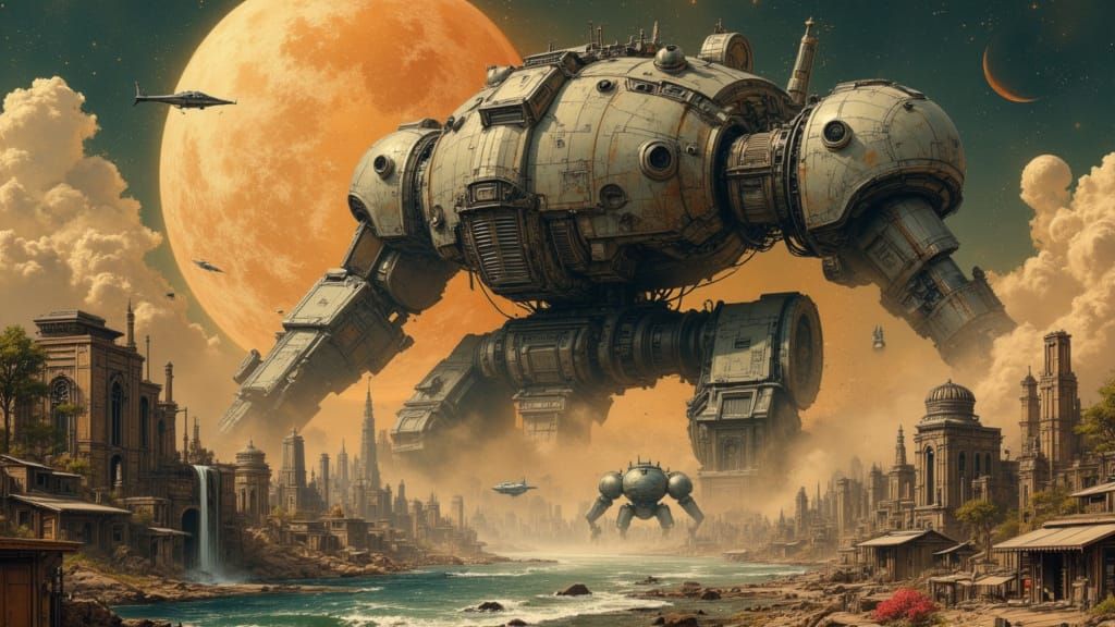 Gigantic Mecha Robot Attacks Alien City in Noir Style