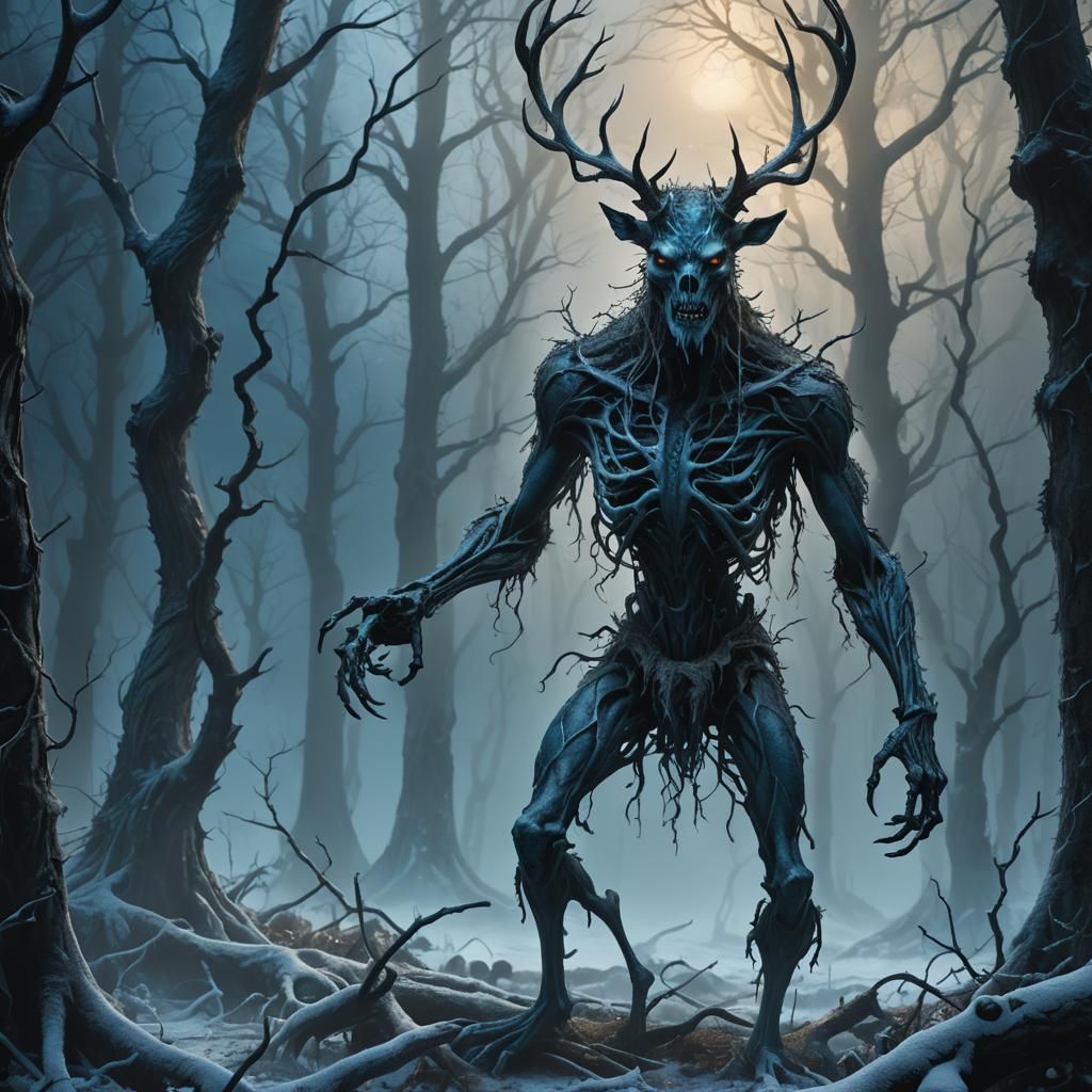 Eerie Wendigo in Misty Forest: Dark Fantasy Art