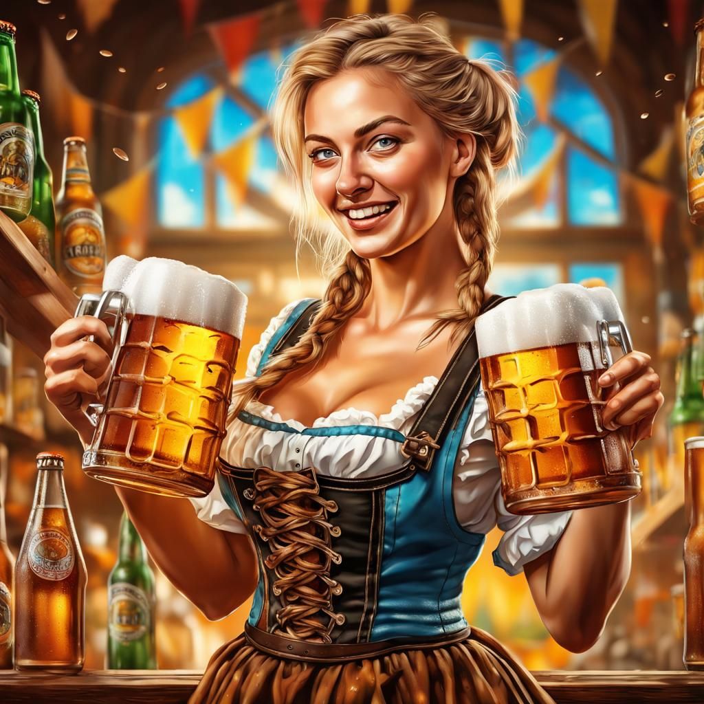 Hyperrealistic Oktoberfest Barmaid with Beer Jugs