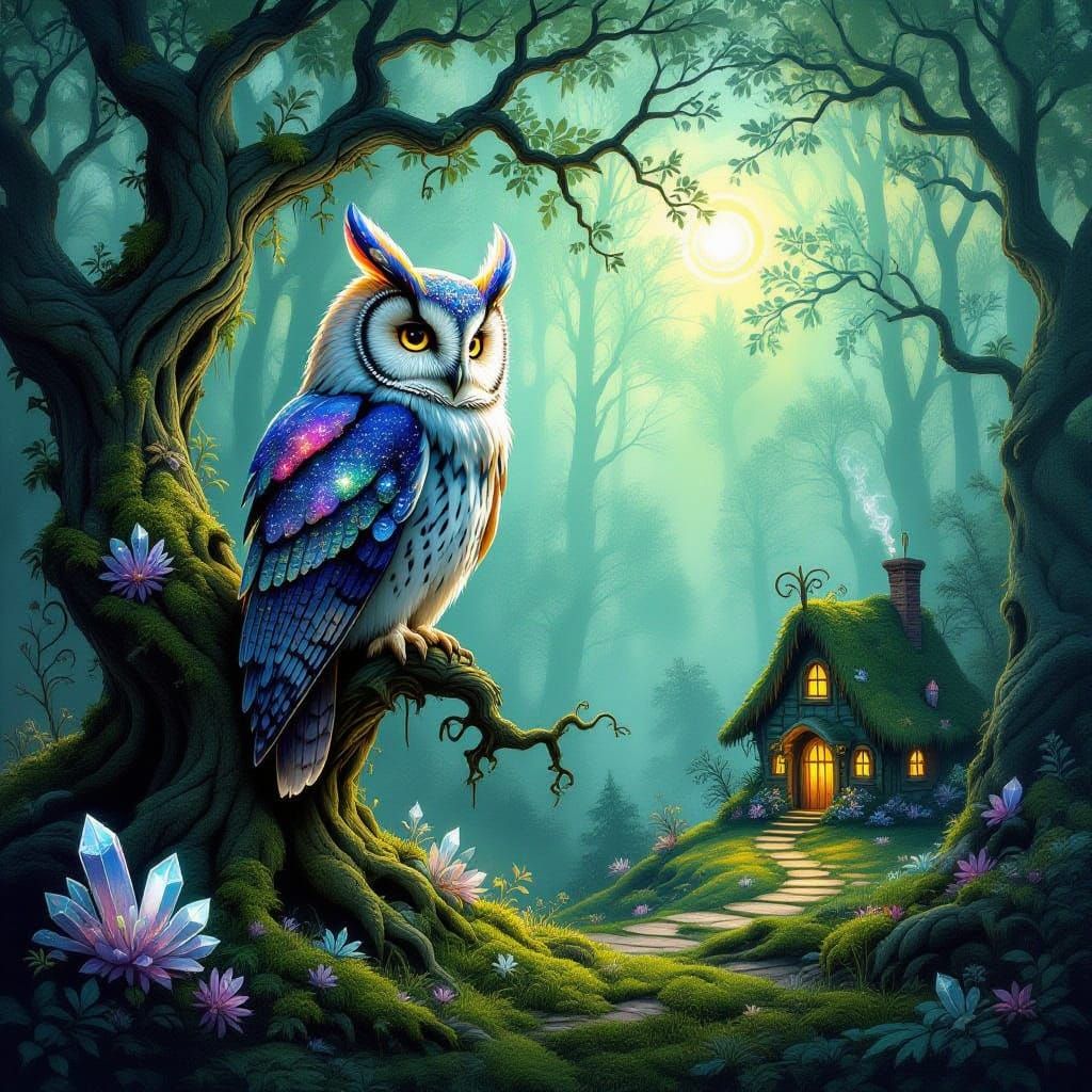 Ancient Owl on Bioluminescent Tree, Cosmic Wonder
