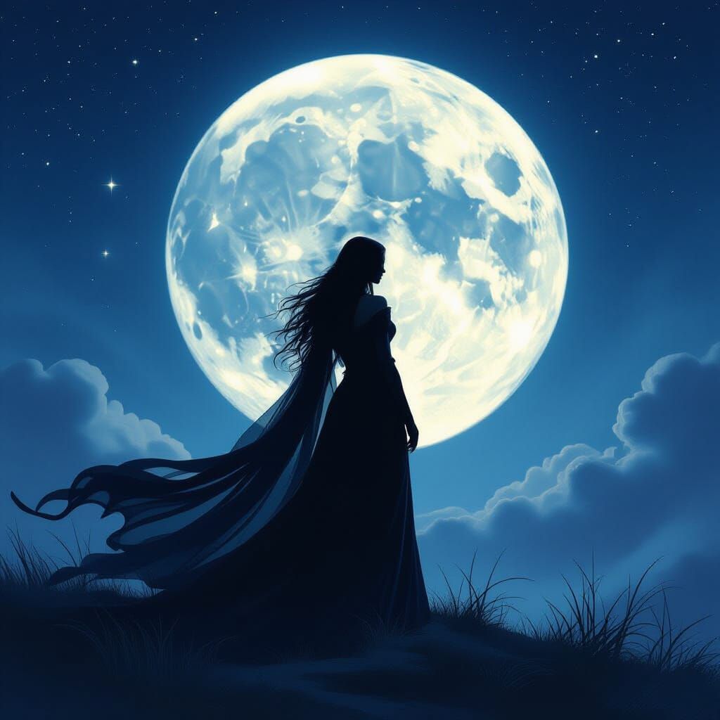 Hecate in Crescent Moon Night, Moody Oil Painting Style