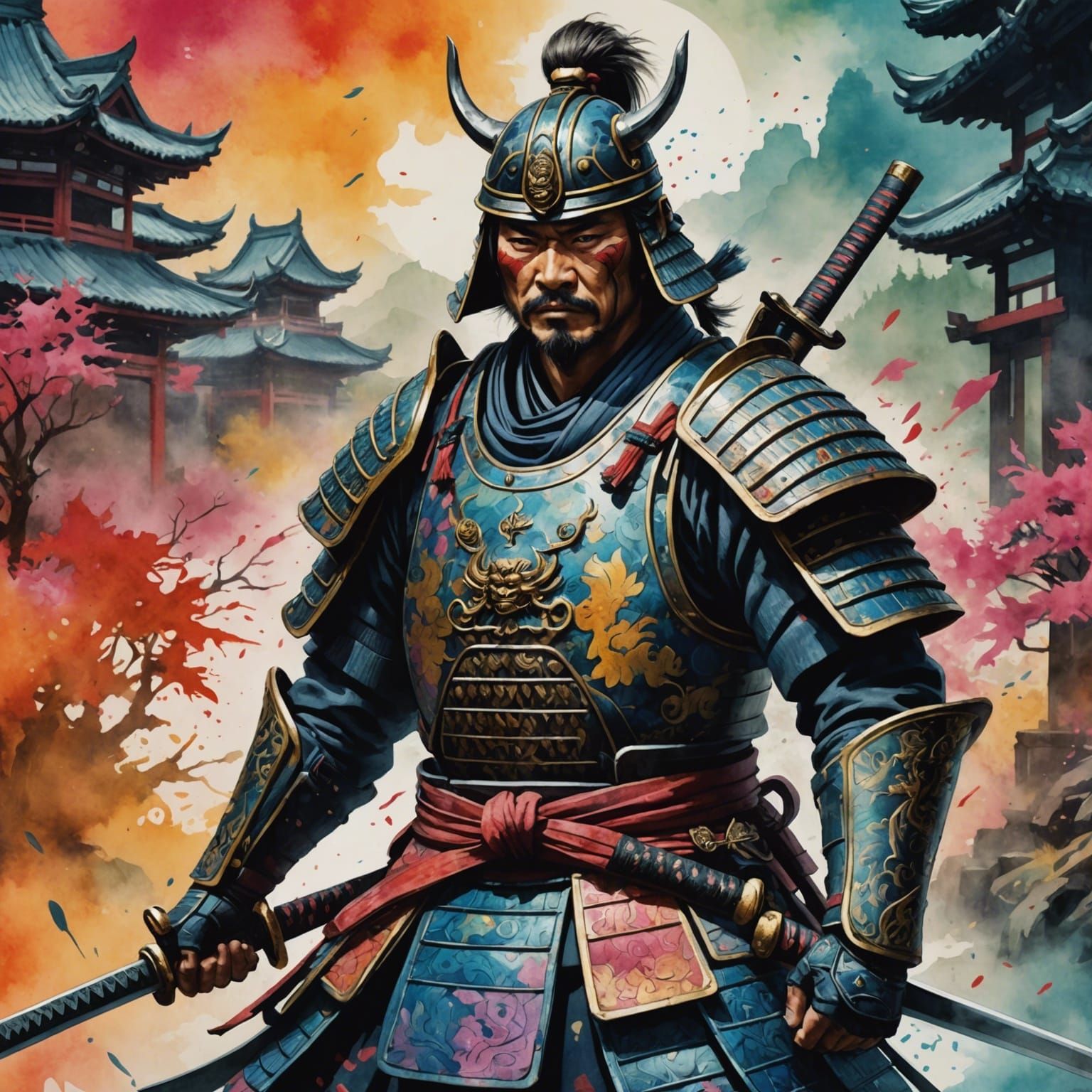 Psychedelic Watercolor Samurai Warrior Fantasy Concept Art