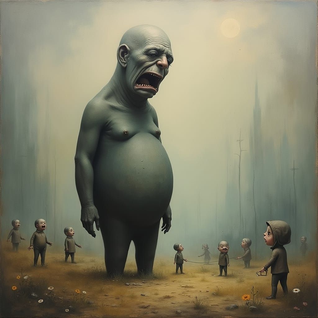 Surreal Crying Giant in Dreamlike Landscape