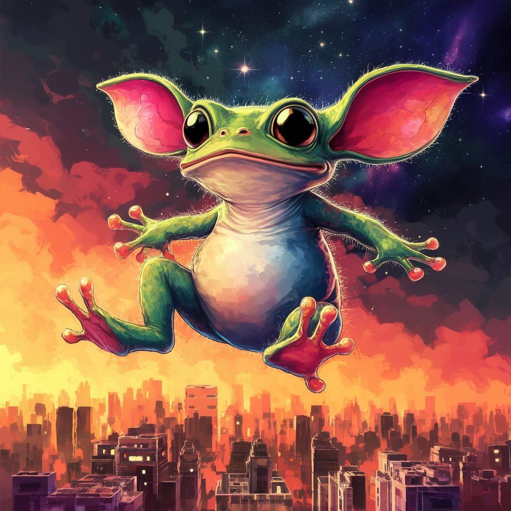 Vibrant Alien Frog Soars Through Cosmic Cityscape in Impress...