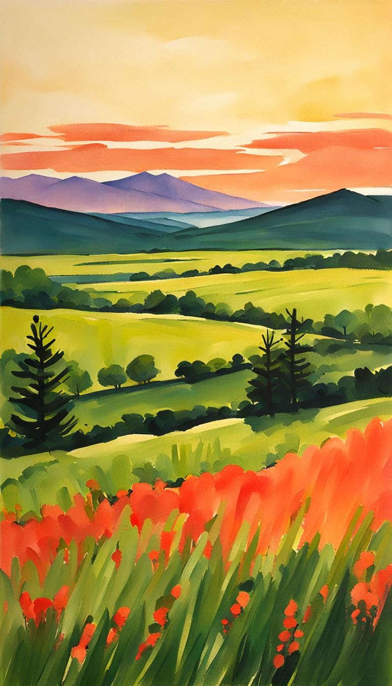 simple gouache landscape, distant hills, distant trees, grassy foreground, sunrise