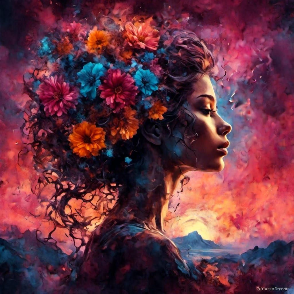 Fractal Woman Silhouette at Sunset in Ink Style