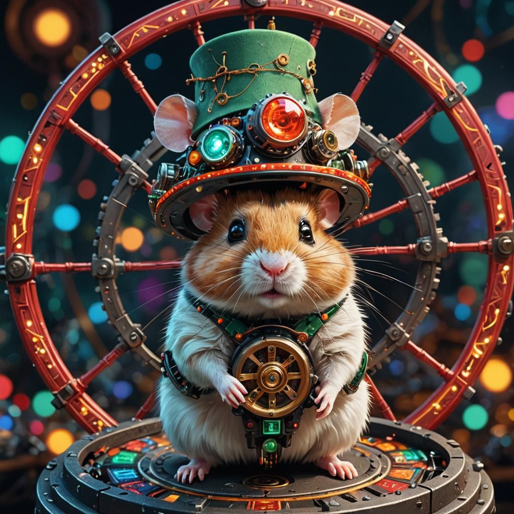 Cyborg Hamster on Wheel with Magic Sparks