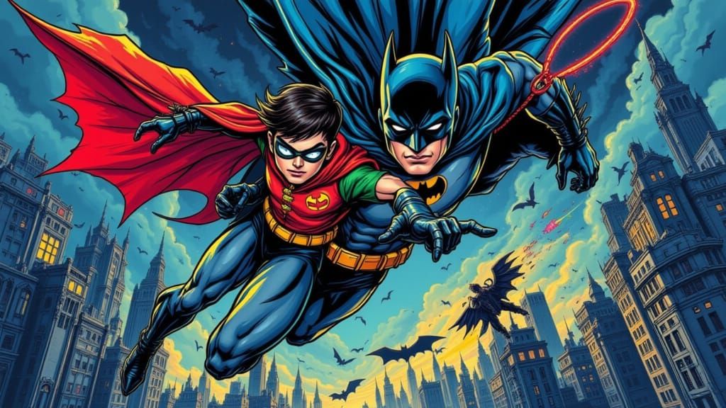<lora:Kewl:1.0> <lora:Kaotix:1.0> <lora:KirbyComics:1.0> A cartoon-style Batman and Robin soars through the night sky, a...
