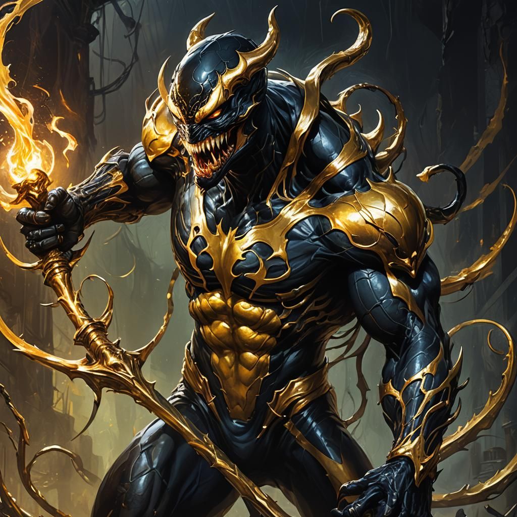 Venom with Golden Staff: Dark Fantasy Concept Art