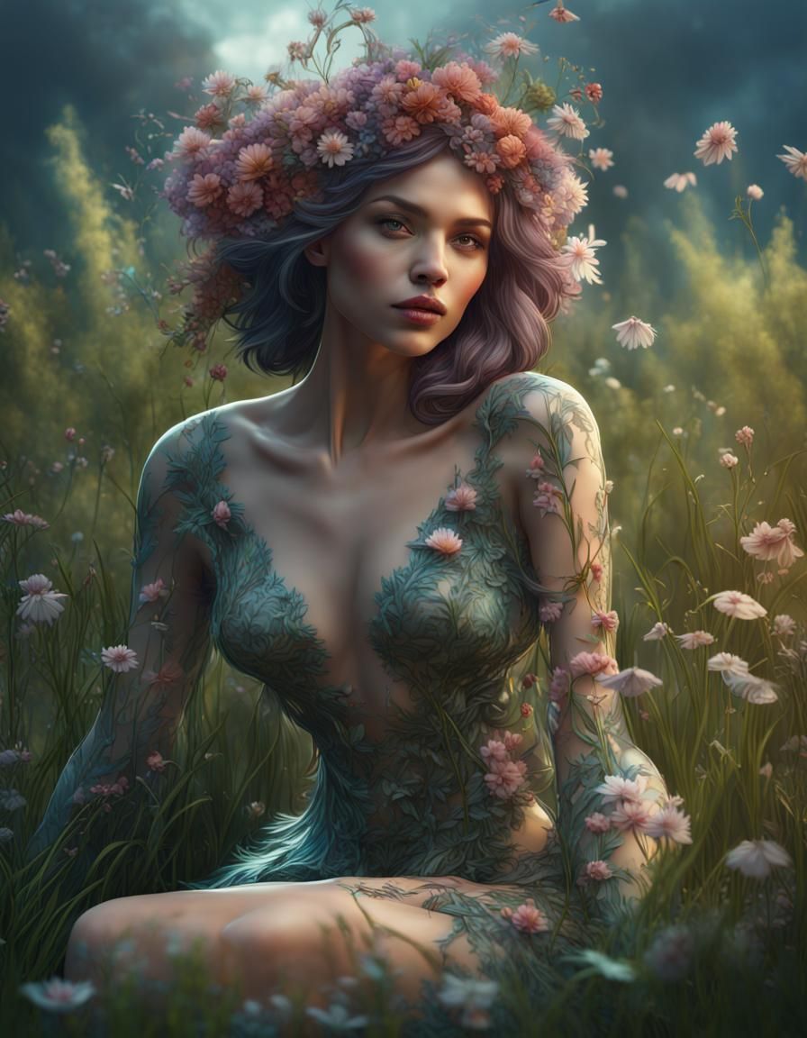 Glass Woman with Flowers, 3D Render
